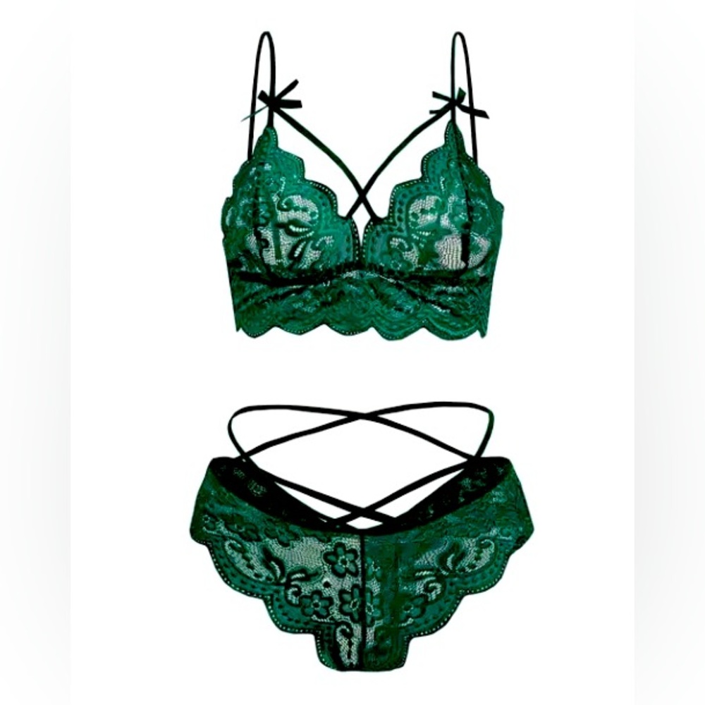Green Floral Lace Bralette & Panties Lingerie Set Small Adjustable Bra Straps